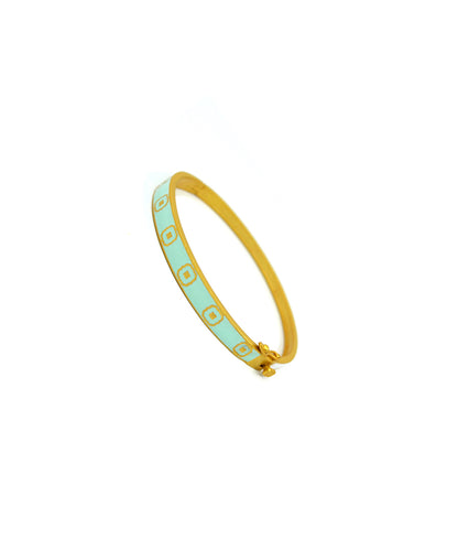 Gold plated bracelet with open lock mechanism.
