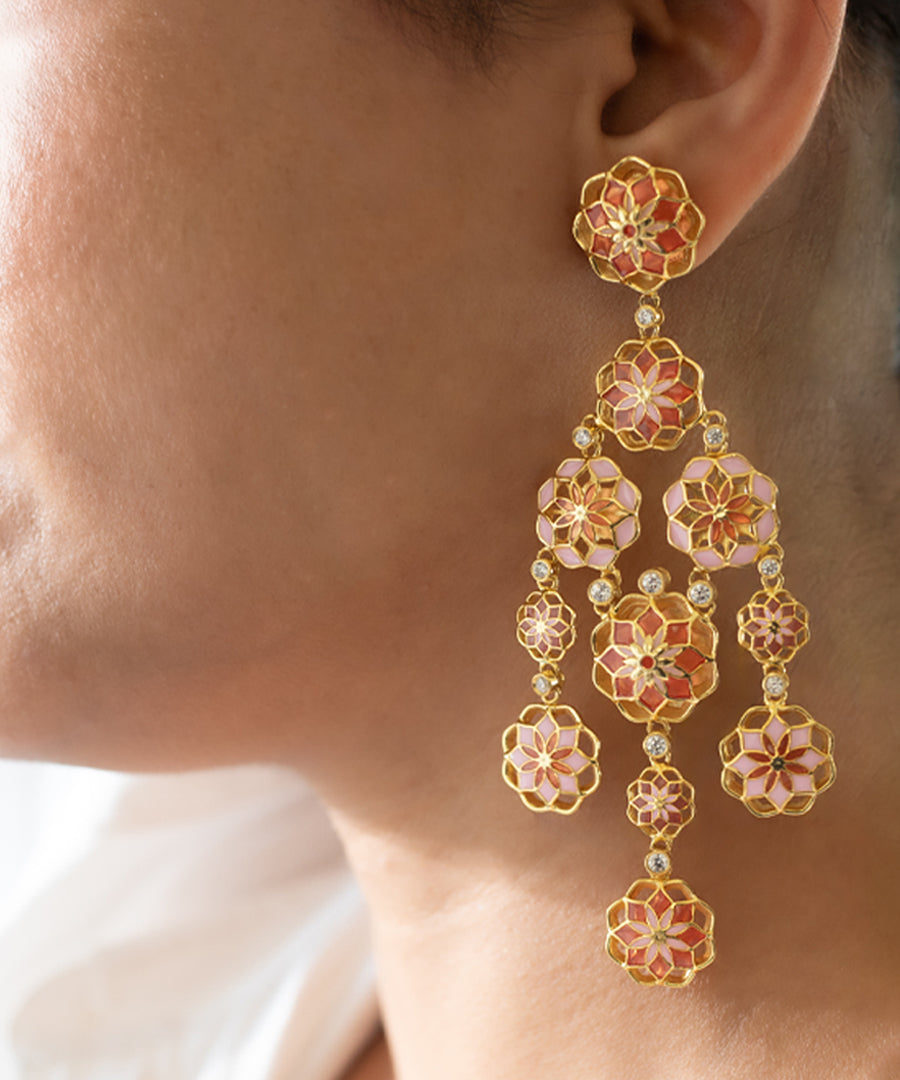 Gul 925 Silver Phool Earrings - Pastel Pink & Orange Meenakari - Gold Plated