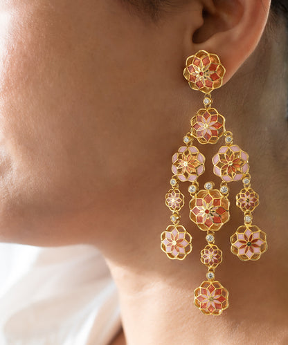 Gul 925 Silver Phool Earrings - Pastel Pink & Orange Meenakari - Gold Plated