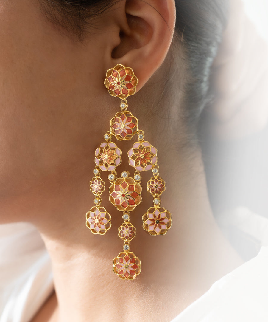 Gul 925 Silver Phool Earrings - Pastel Pink & Orange Meenakari - Gold Plated