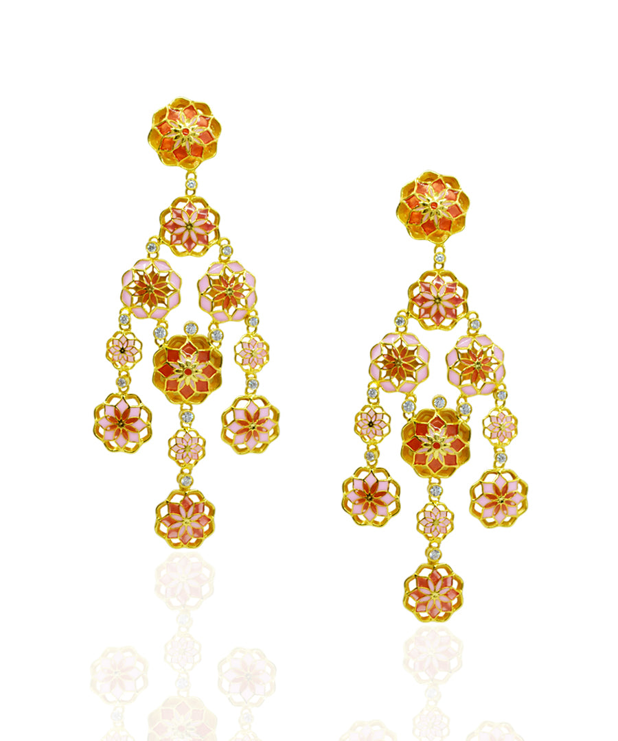 Gul 925 Silver Phool Earrings - Pastel Pink & Orange Meenakari - Gold Plated