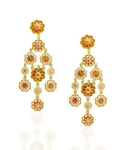 Gul 925 Silver Phool Earrings - Pastel Pink & Orange Meenakari - Gold Plated