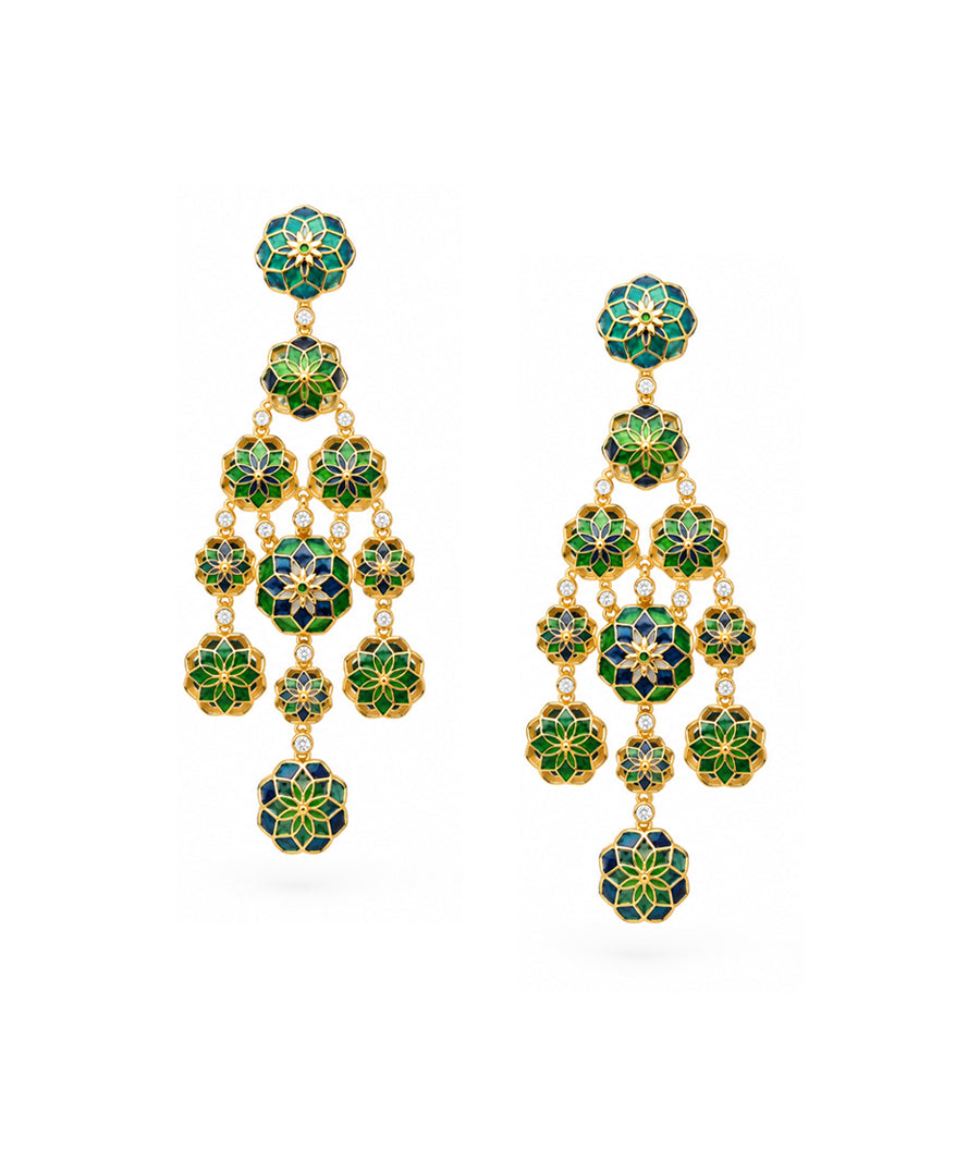 Gul 925 Silver Phool Earrings - Green & Blue Meenakari - Gold Plated