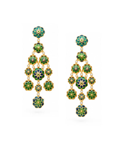 Gul 925 Silver Phool Earrings - Green & Blue Meenakari - Gold Plated