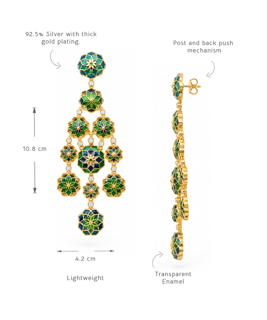 Gul 925 Silver Phool Earrings - Green & Blue Meenakari - Gold Plated