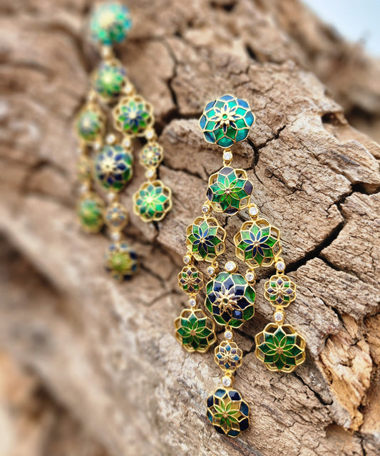 Gul 925 Silver Phool Earrings - Green & Blue Meenakari - Gold Plated