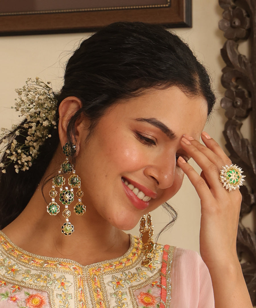 Gul 925 Silver Phool Earrings - Green & Blue Meenakari - Gold Plated