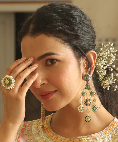 Gul 925 Silver Phool Earrings - Green & Blue Meenakari - Gold Plated