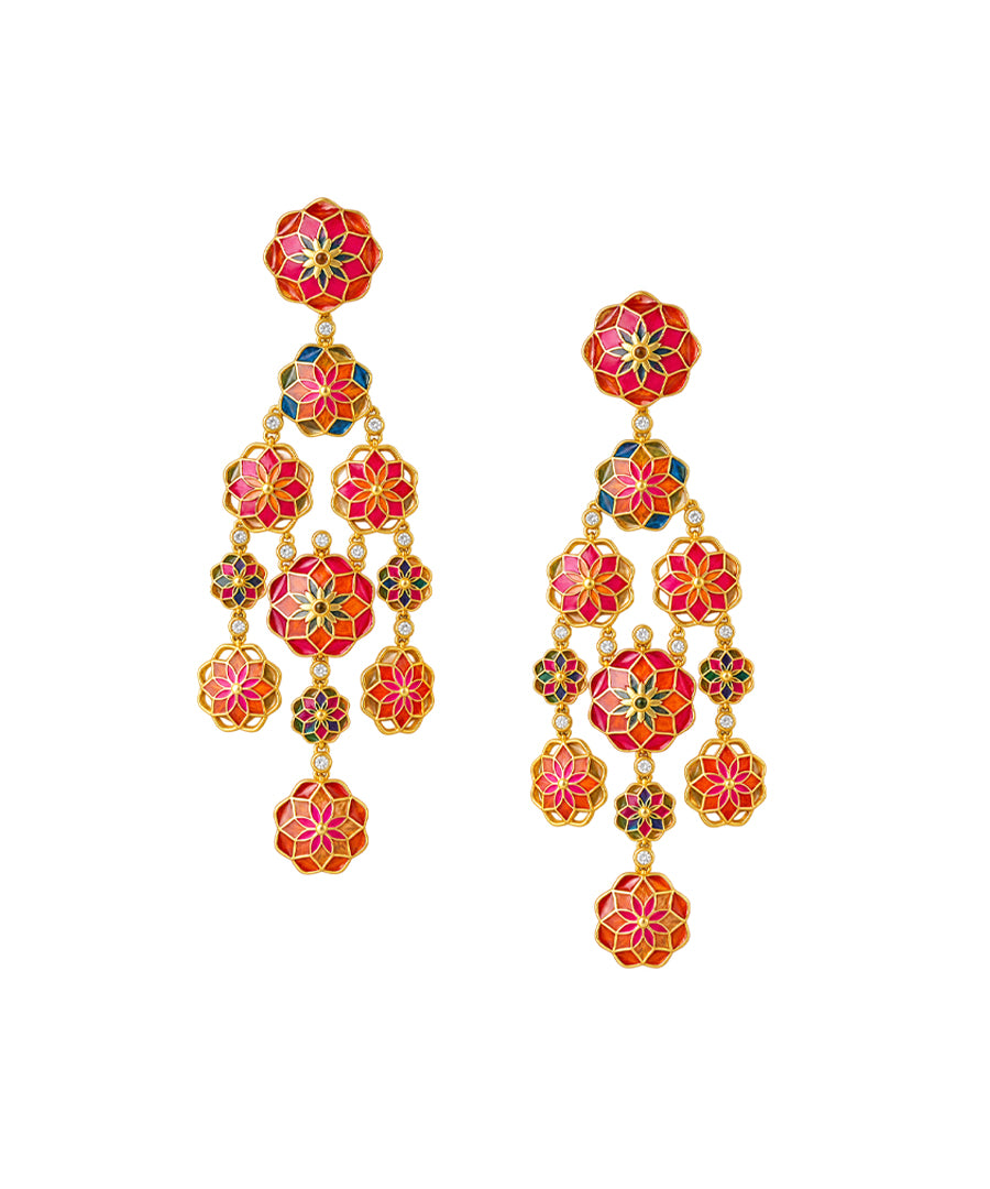 Gul 925 Silver Phool Earrings - Pink & Orange Meenakari - Gold Plated
