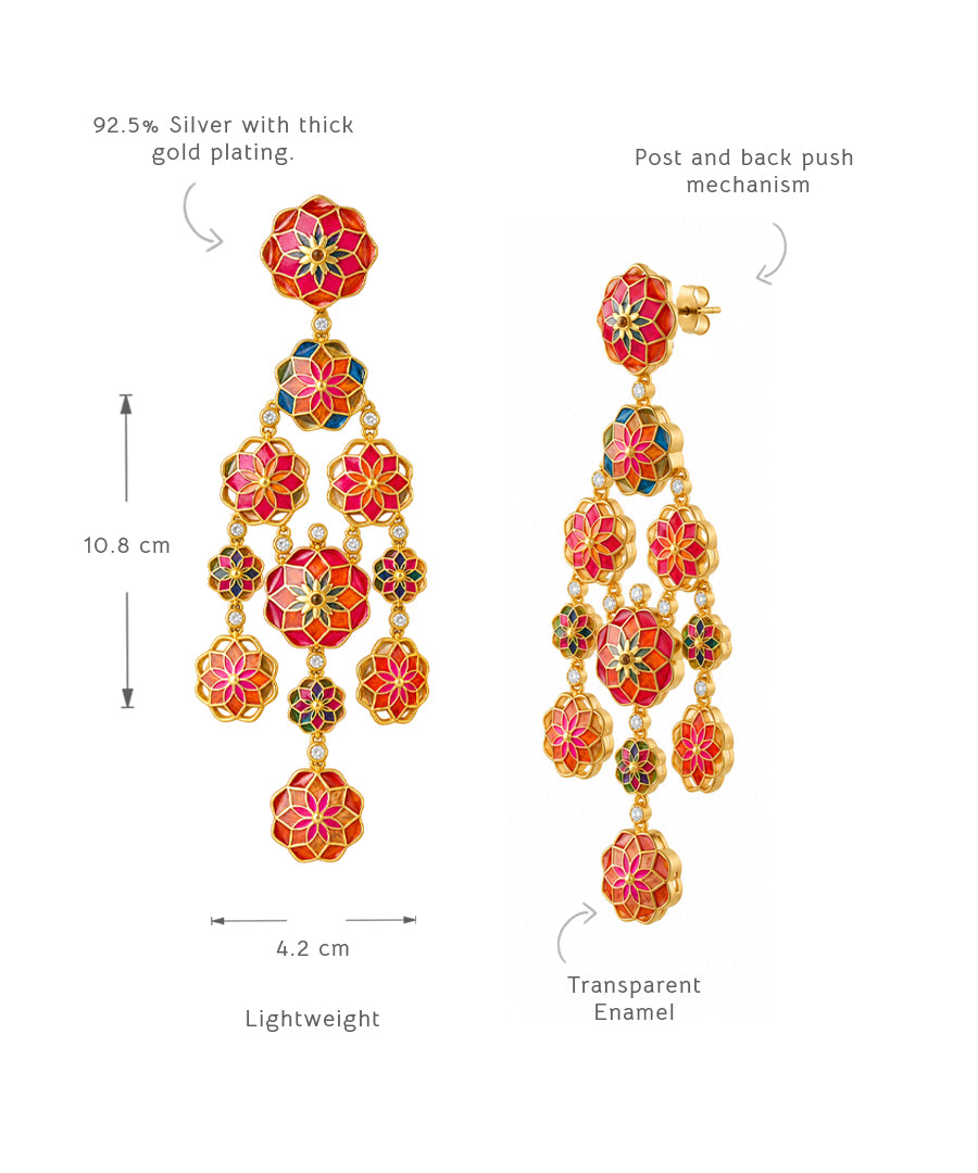 Gul 925 Silver Phool Earrings - Pink & Orange Meenakari - Gold Plated