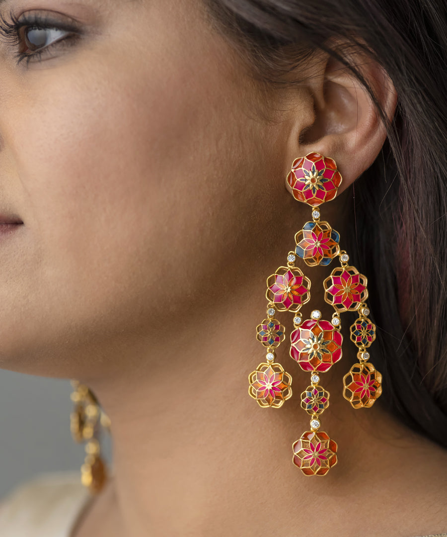 Gul 925 Silver Phool Earrings - Pink & Orange Meenakari - Gold Plated