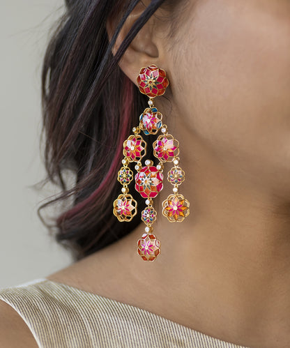 Gul 925 Silver Phool Earrings - Pink & Orange Meenakari - Gold Plated