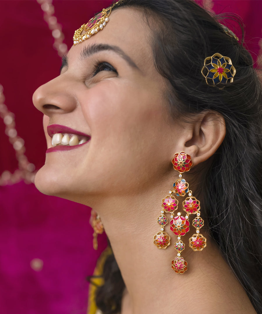 Gul 925 Silver Phool Earrings - Pink & Orange Meenakari - Gold Plated