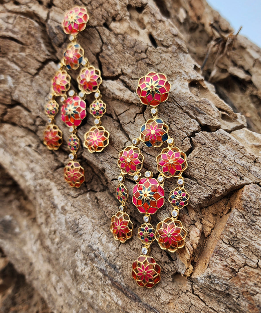 Gul 925 Silver Phool Earrings - Pink & Orange Meenakari - Gold Plated