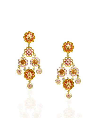 Gul 925 Silver Dainty Phool Earrings - Pastel Pink & Orange Meenakari - Gold Plated