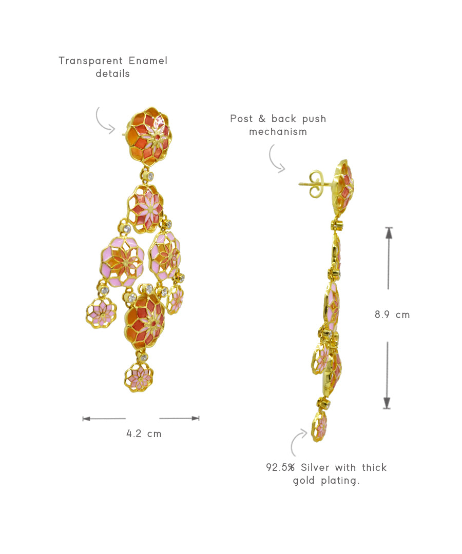 Gul 925 Silver Dainty Phool Earrings - Pastel Pink & Orange Meenakari - Gold Plated