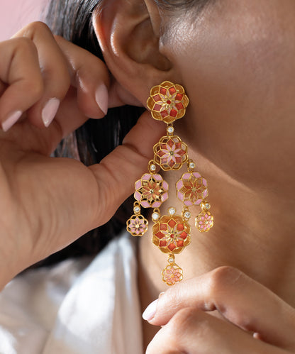 Gul 925 Silver Dainty Phool Earrings - Pastel Pink & Orange Meenakari - Gold Plated