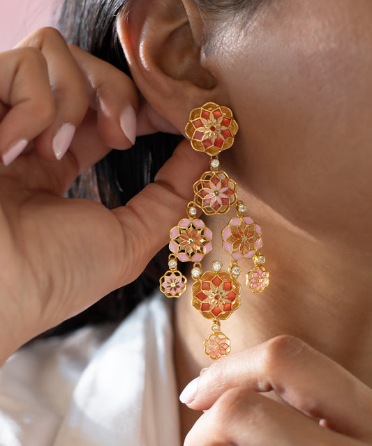 Gul 925 Silver Dainty Phool Earrings - Pastel Pink & Orange Meenakari - Gold Plated