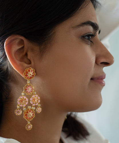 Gul 925 Silver Dainty Phool Earrings - Pastel Pink & Orange Meenakari - Gold Plated