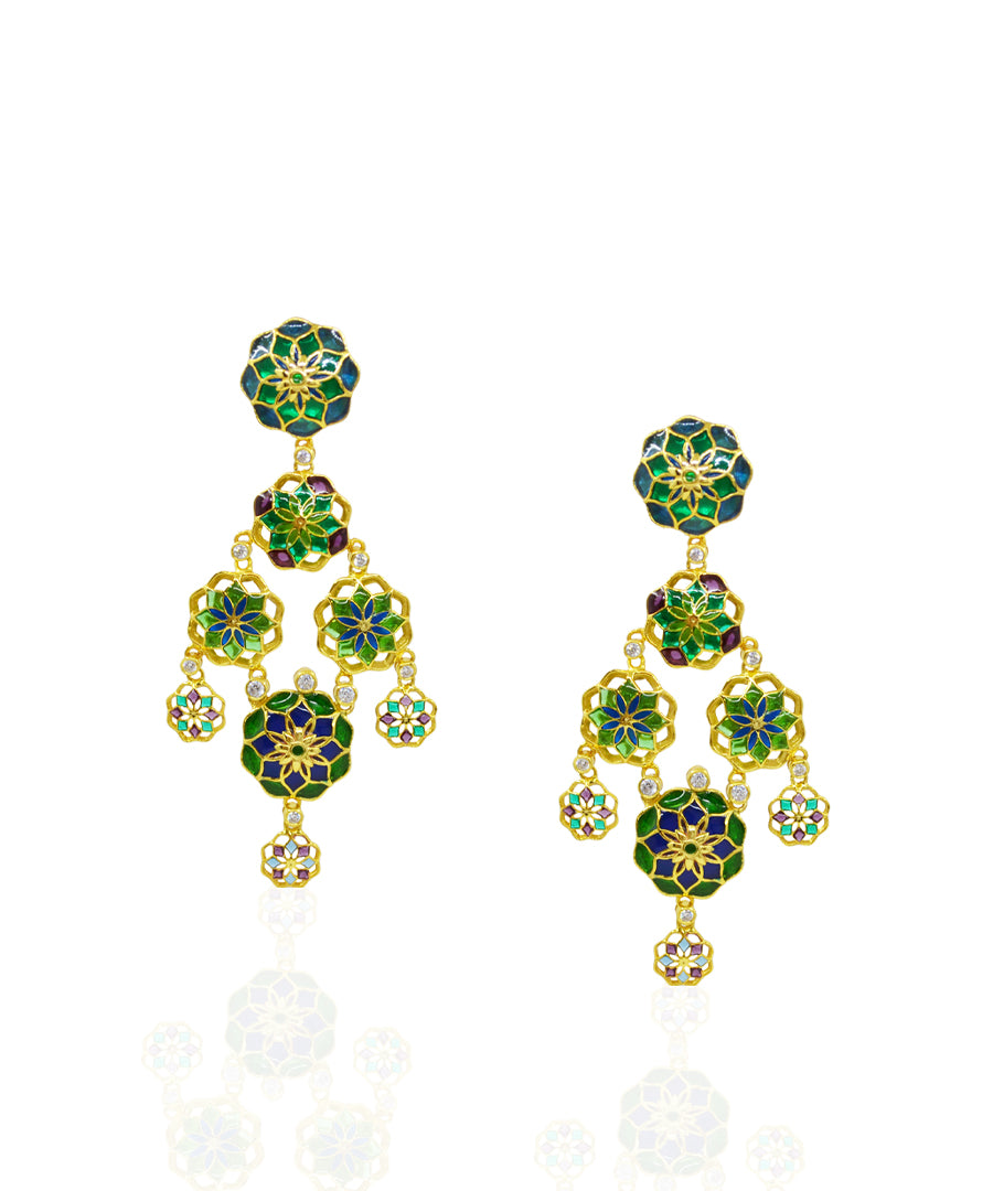 Gul 925 Silver Dainty Phool Earrings - Green & Blue Meenakari - Gold Plated