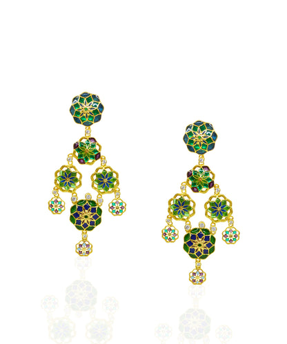 Gul 925 Silver Dainty Phool Earrings - Green & Blue Meenakari - Gold Plated