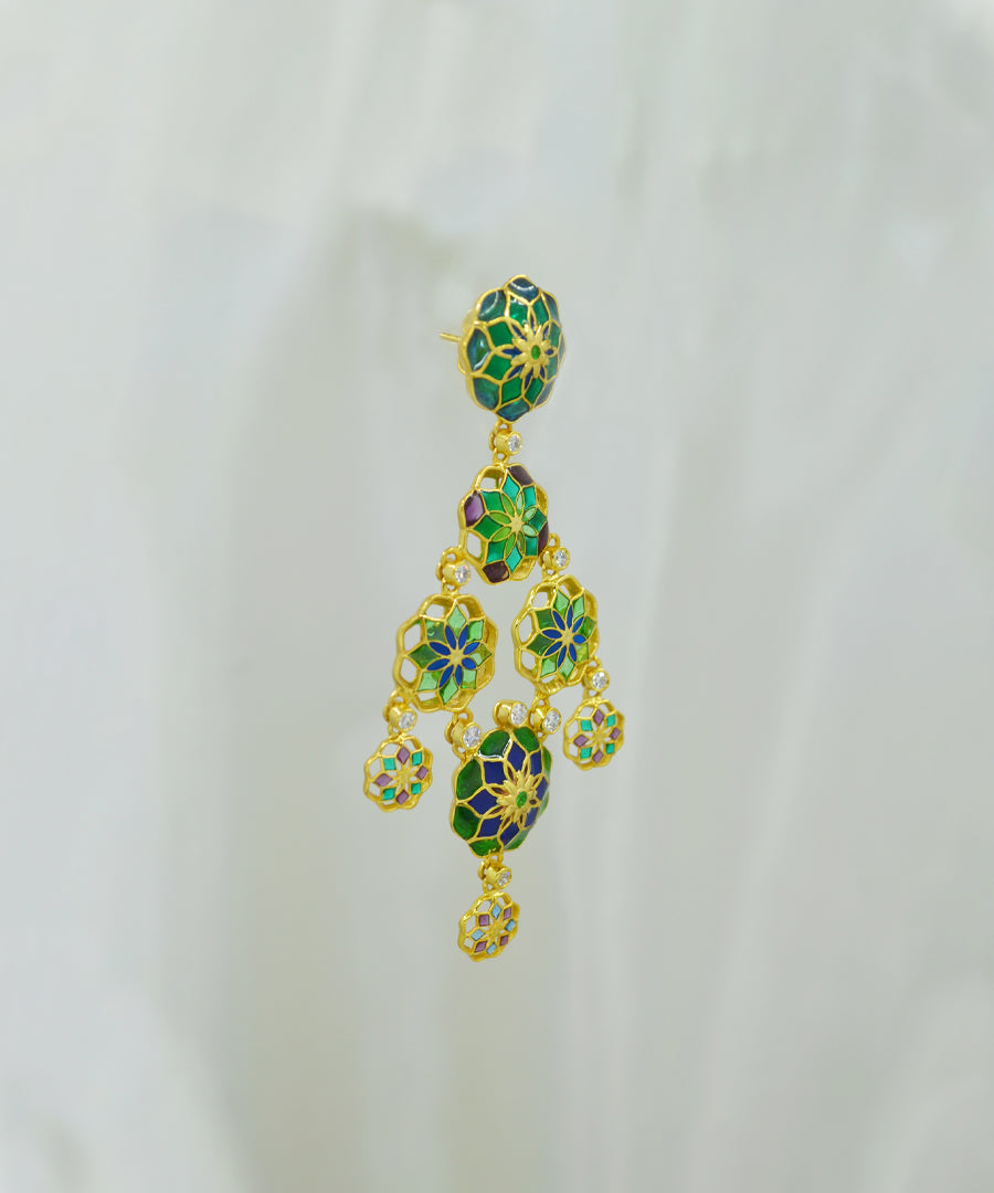 Gul 925 Silver Dainty Phool Earrings - Green & Blue Meenakari - Gold Plated