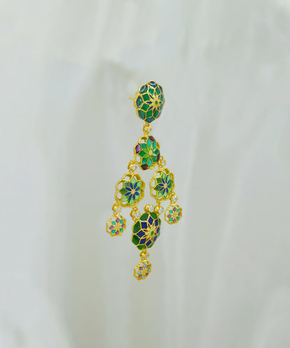 Gul 925 Silver Dainty Phool Earrings - Green & Blue Meenakari - Gold Plated