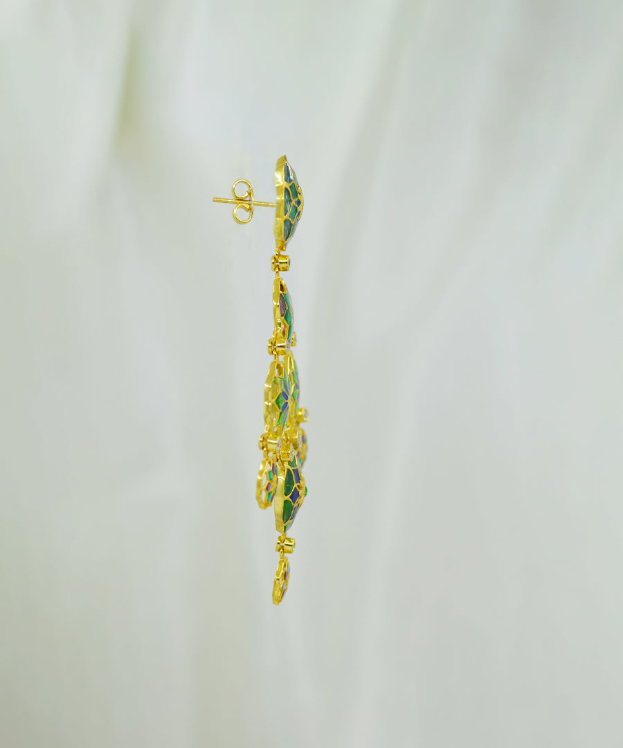 Gul 925 Silver Dainty Phool Earrings - Green & Blue Meenakari - Gold Plated