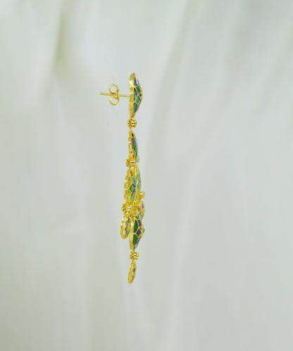 Gul 925 Silver Dainty Phool Earrings - Green & Blue Meenakari - Gold Plated
