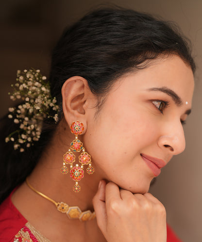 Gul 925 Silver Dainty Phool Earrings - Pink & Orange Meenakari - Gold Plated