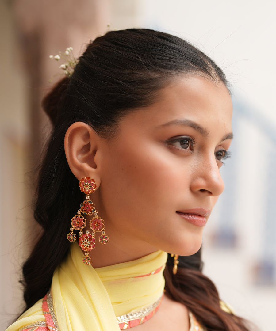 Gul 925 Silver Dainty Phool Earrings - Pink & Orange Meenakari - Gold Plated
