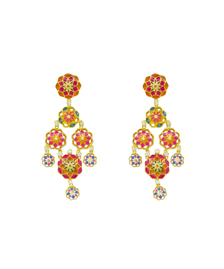 Gul 925 Silver Dainty Phool Earrings - Pink & Orange Meenakari - Gold Plated