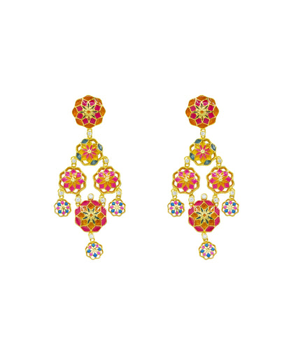Gul 925 Silver Dainty Phool Earrings - Pink & Orange Meenakari - Gold Plated