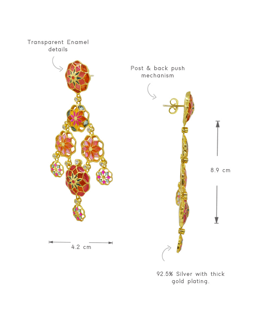 Gul 925 Silver Dainty Phool Earrings - Pink & Orange Meenakari - Gold Plated