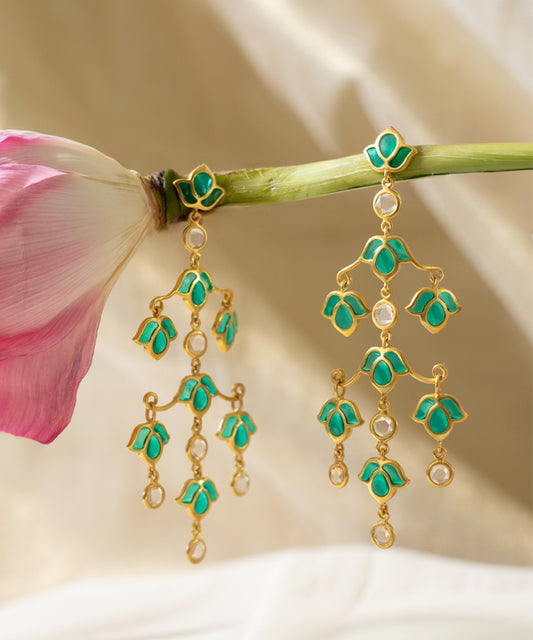 Padma Lotus Earrings - Green Meenakari - Gold Plated