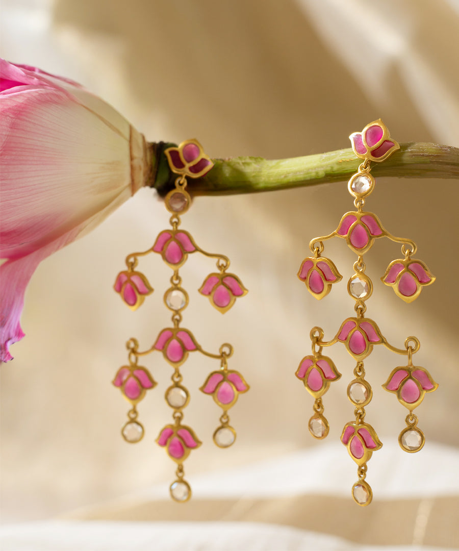 Padma Lotus Earrings - Pink Meenakari - Gold-Plated