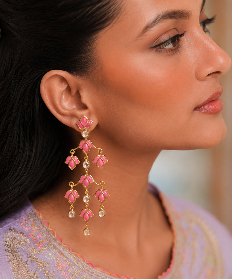 Padma Lotus Earrings - Pink Meenakari - Gold-Plated