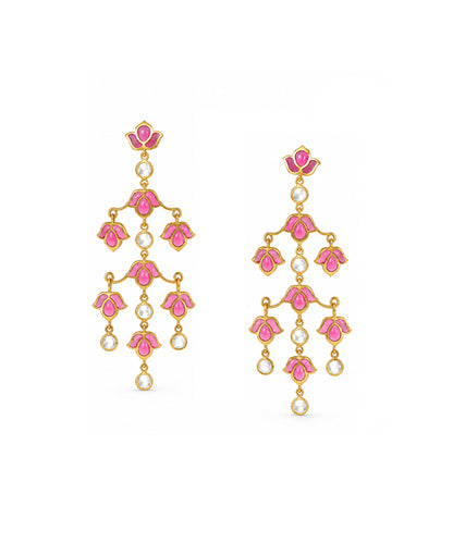 Padma Lotus Earrings - Pink Meenakari - Gold-Plated