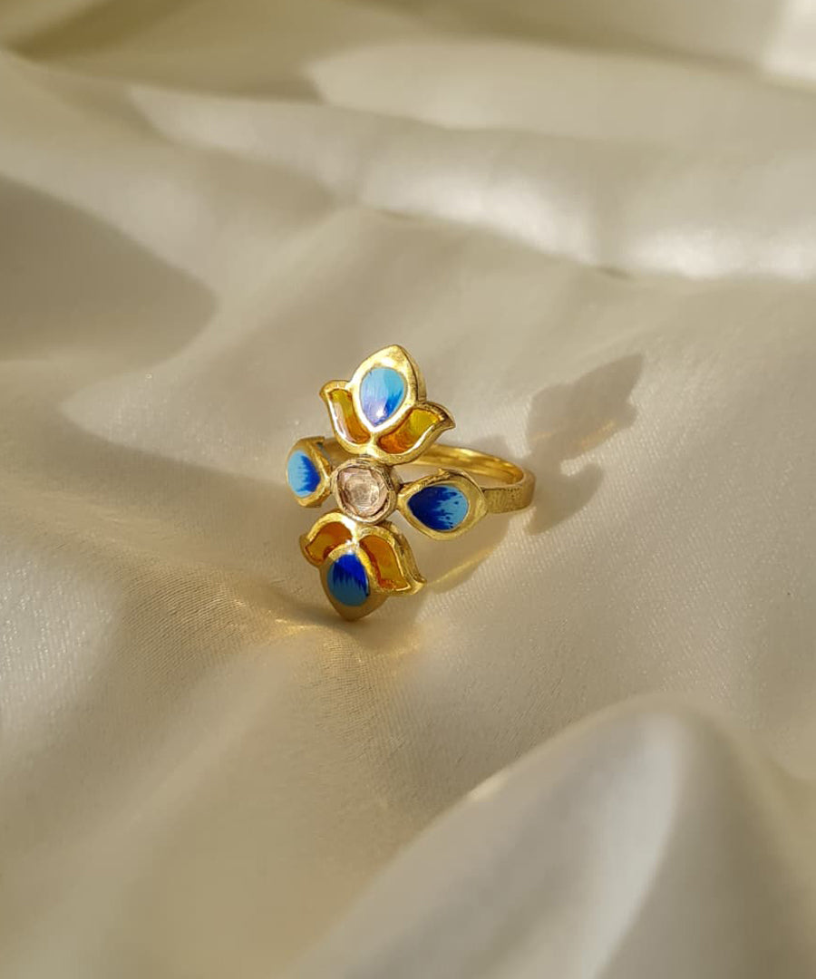 Padma Lotus Adjustable Ring - Blue Meenakari