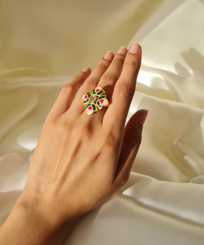 Padma Lotus Adjustable Ring - Green Meenakari