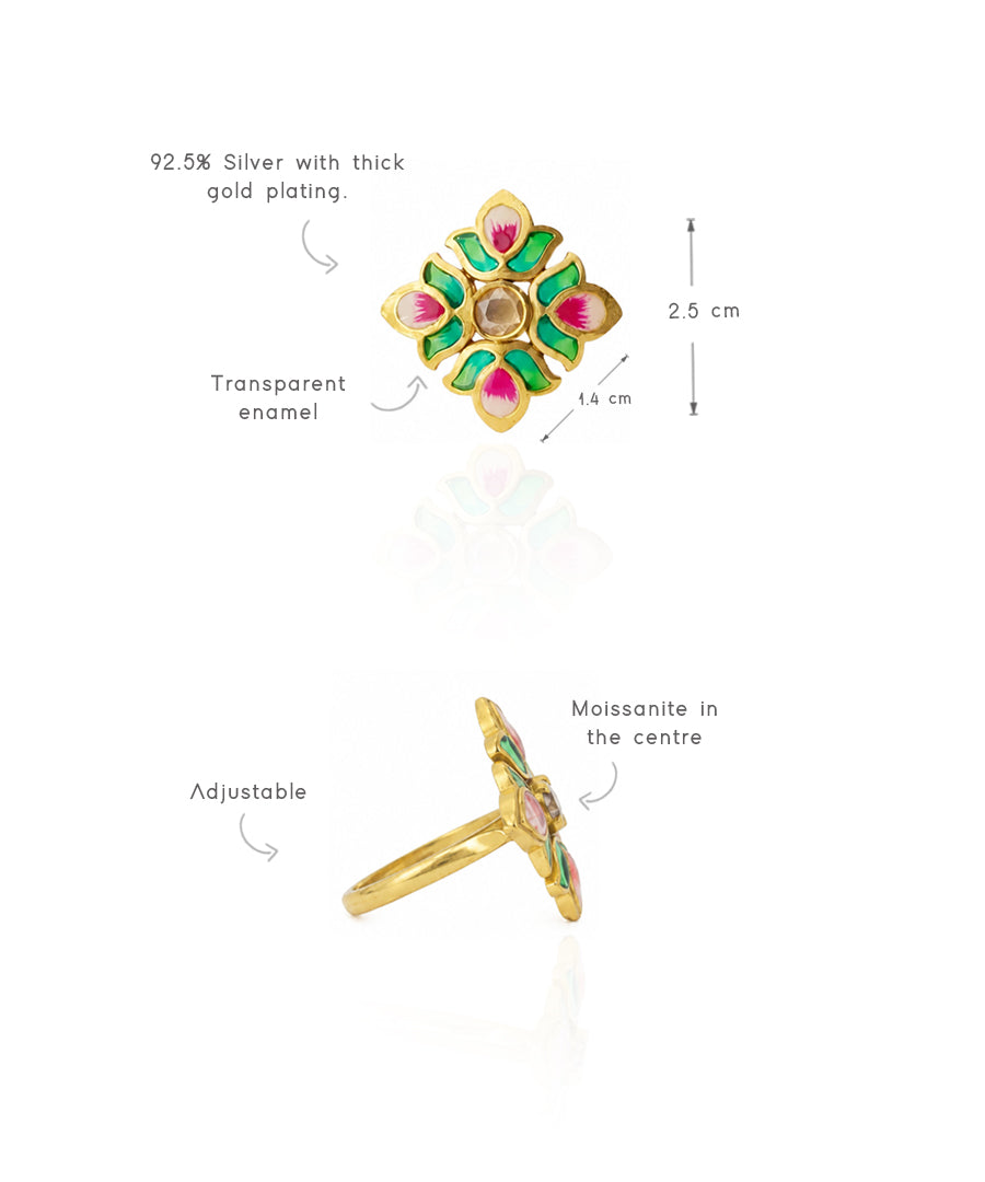 Padma Lotus Adjustable Ring - Green Meenakari