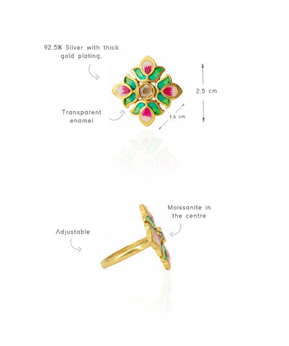 Padma Lotus Adjustable Ring - Green Meenakari