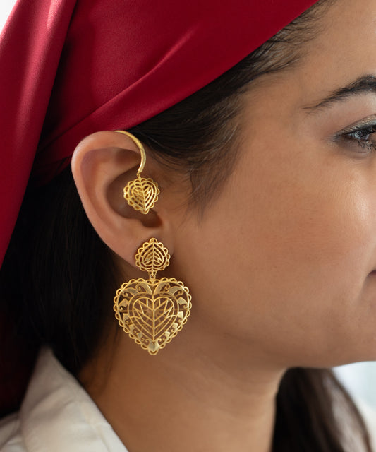 Rakaan Big Heart Drop Earrings with Detachable Ear Cuff — Gold Plated