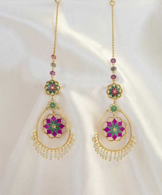 Gul Roja Chandbali Earrings - Rani Pink and Green - Meenakari Enamel with Pearls