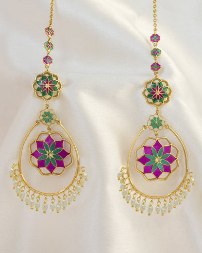 Gul Roja Chandbali Earrings - Rani Pink and Green - Meenakari Enamel with Pearls