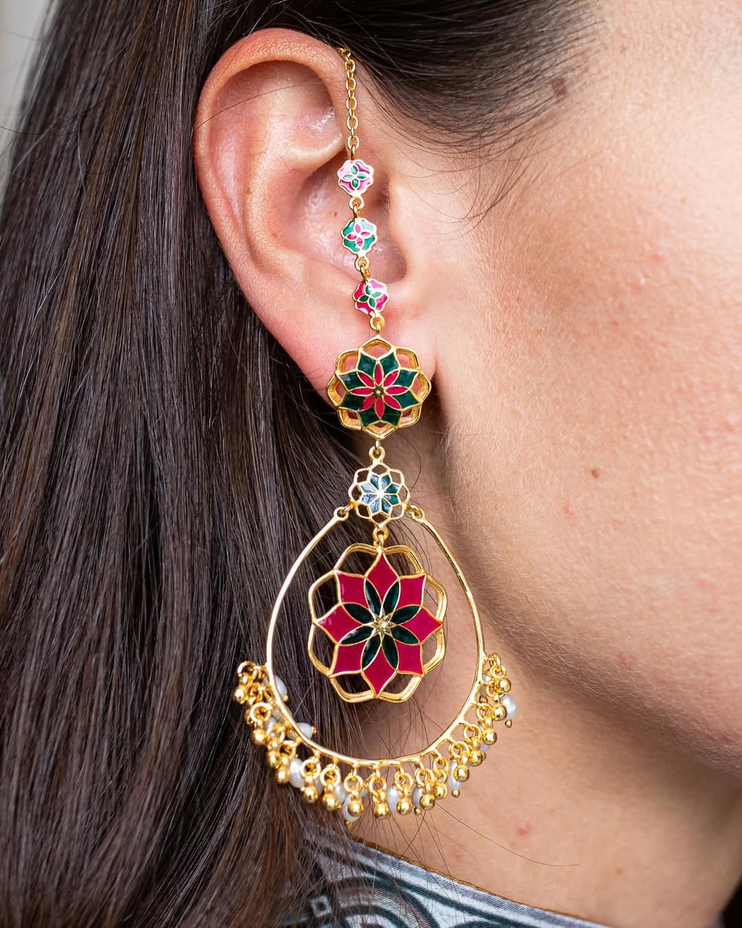 Gul Roja Chandbali Earrings - Rani Pink and Green - Meenakari Enamel with Pearls