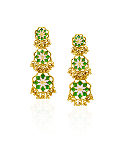 Gul Shigoofa Earrings with Gunghroo - Green Meenakari - Gold Plated