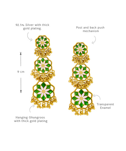 Gul Shigoofa Earrings with Gunghroo - Green Meenakari - Gold Plated