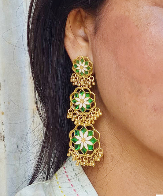 Gul Shigoofa Earrings with Gunghroo - Green Meenakari - Gold Plated