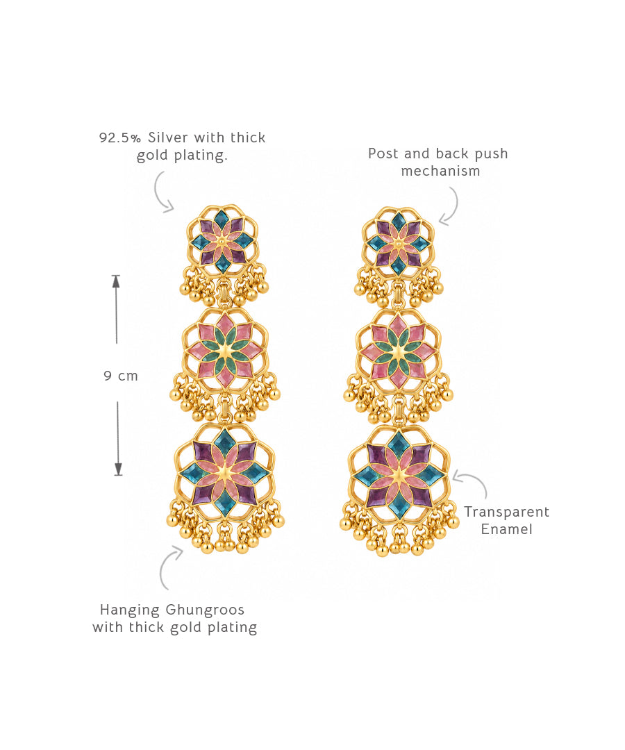 Gul Shigoofa Earrings with Gunghroo - Pastel Pink & Purple Meenakari - Gold Plated